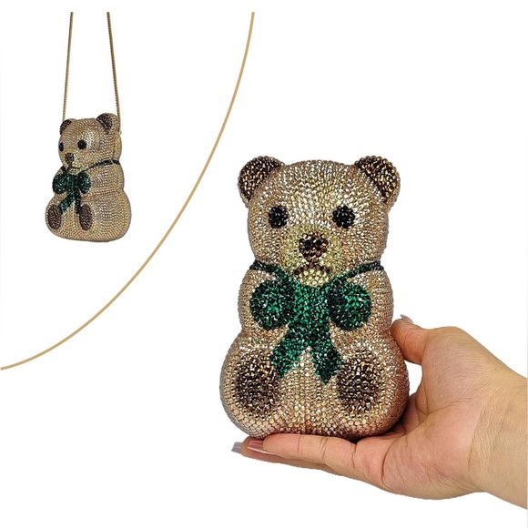 NEW Sparkling Bling Crystal Rhinestone Bear Bag Clutch Purse - Picture 4 of 7